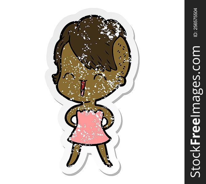 Distressed Sticker Of A Happy Cartoon Hipster Girl