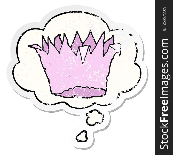 cartoon paper crown with thought bubble as a distressed worn sticker