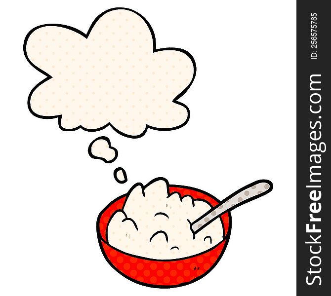cartoon bowl of porridge with thought bubble in comic book style