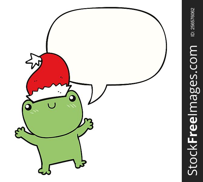 Cute Cartoon Frog Wearing Christmas Hat And Speech Bubble