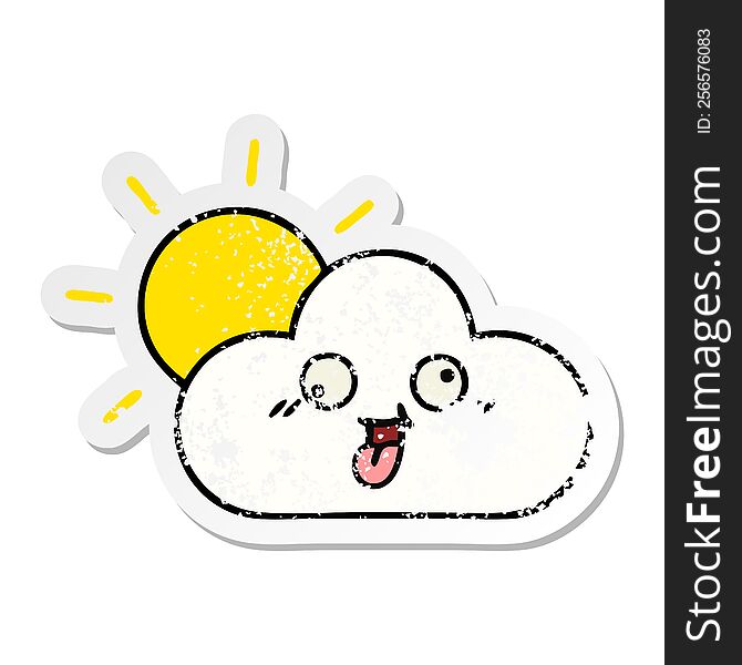 Distressed Sticker Of A Cute Cartoon Sun And Cloud