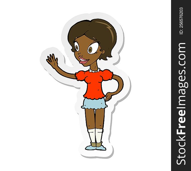 Sticker Of A Cartoon Waving Woman