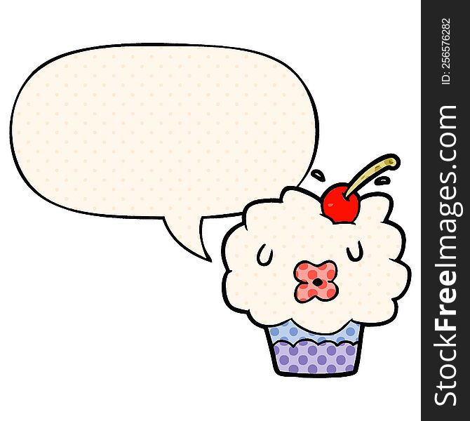 funny cartoon cupcake with speech bubble in comic book style
