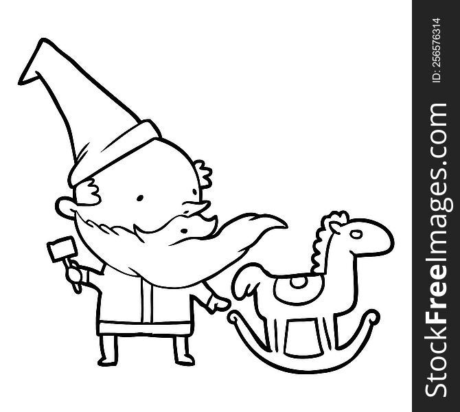 line drawing of a santa (or elf) making a rocking horse. line drawing of a santa (or elf) making a rocking horse