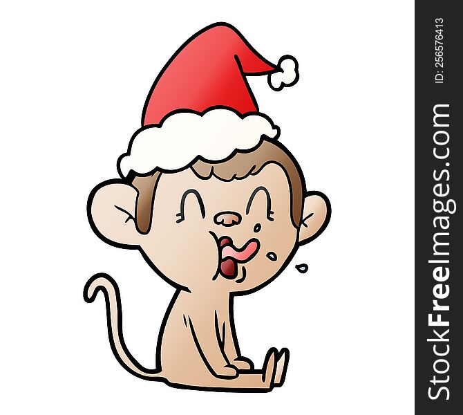 crazy hand drawn gradient cartoon of a monkey sitting wearing santa hat. crazy hand drawn gradient cartoon of a monkey sitting wearing santa hat