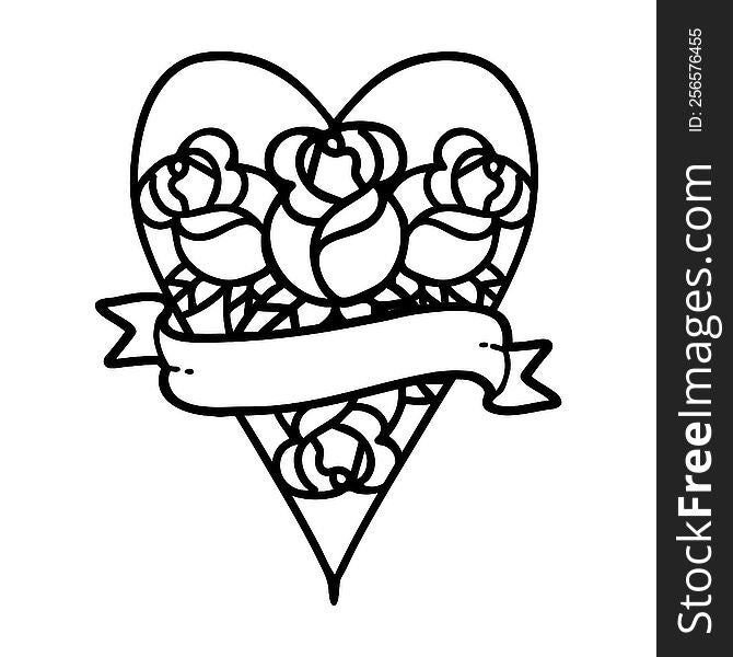 Black Line Tattoo Of A Heart And Banner With Flowers