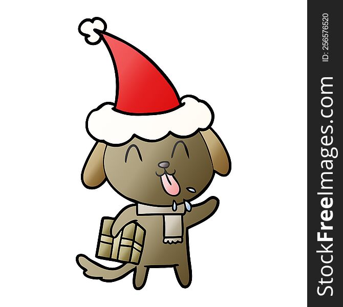 cute gradient cartoon of a dog with christmas present wearing santa hat