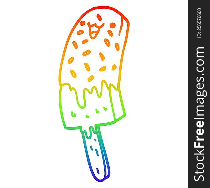 rainbow gradient line drawing of a cute cartoon happy ice lolly