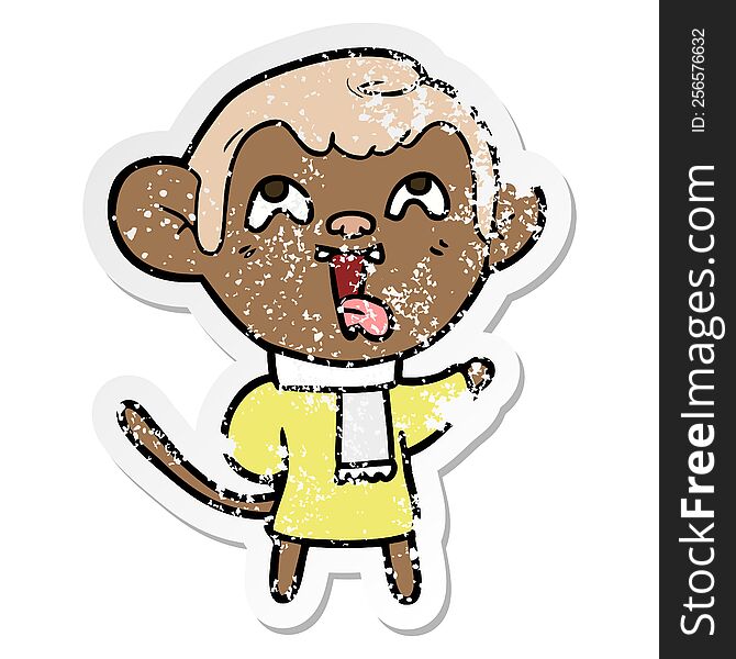 Distressed Sticker Of A Crazy Cartoon Monkey Wearing Scarf