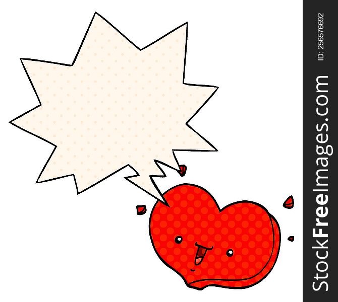 cartoon happy love heart and speech bubble in comic book style