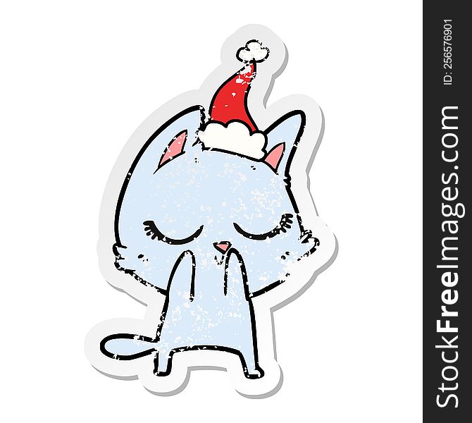 Calm Distressed Sticker Cartoon Of A Cat Wearing Santa Hat