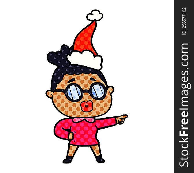hand drawn comic book style illustration of a pointing woman wearing spectacles wearing santa hat