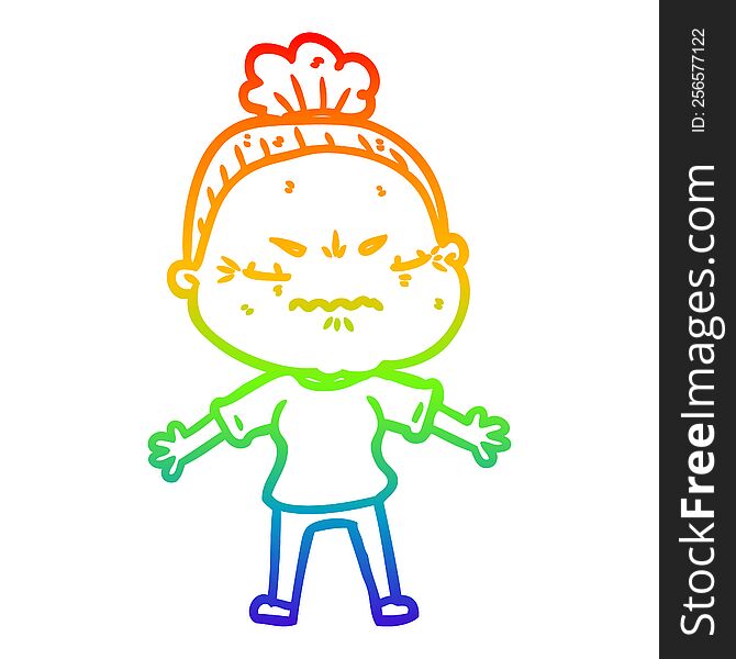 Rainbow Gradient Line Drawing Cartoon Annoyed Old Lady