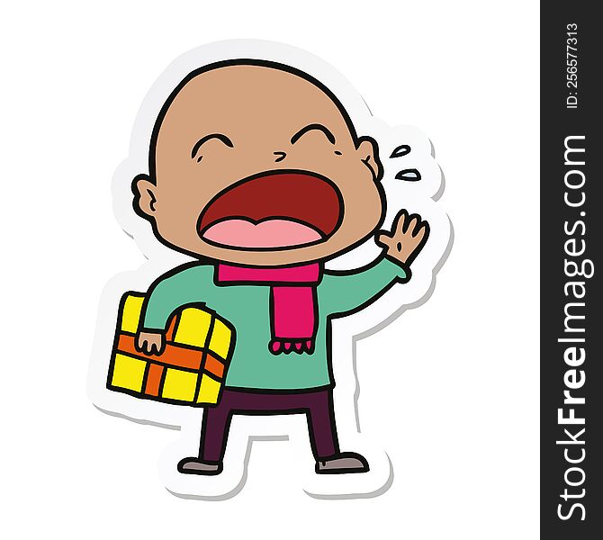 Sticker Of A Cartoon Shouting Bald Man With Present