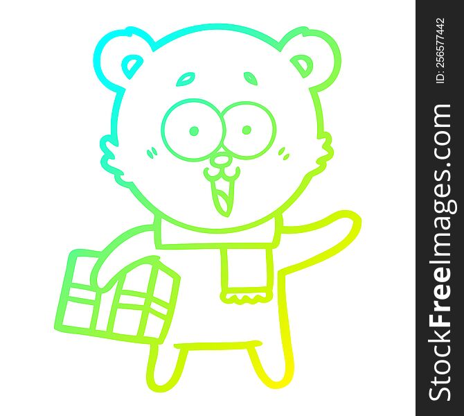 cold gradient line drawing of a laughing teddy  bear with christmas present