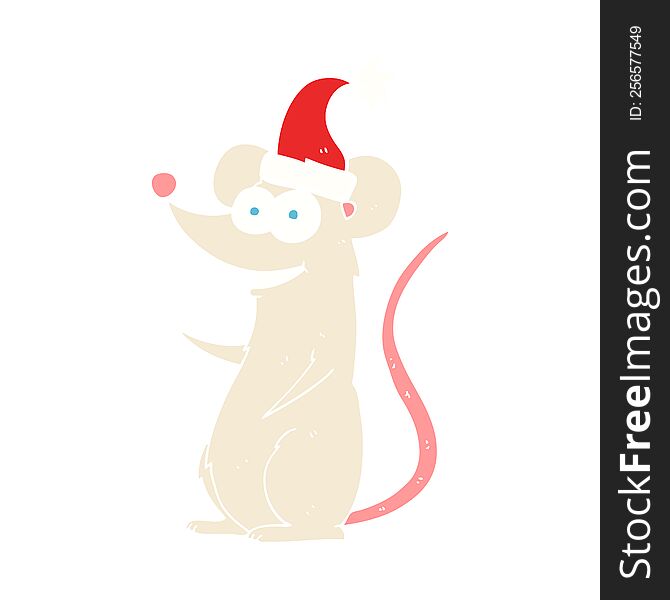 flat color illustration of a cartoon mouse wearing christmas hat