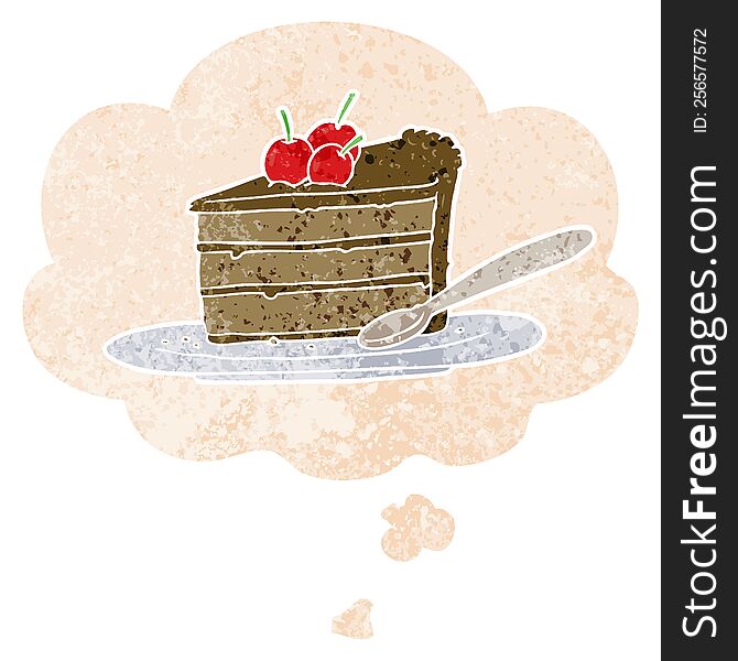 Cartoon Chocolate Cake And Thought Bubble In Retro Textured Style