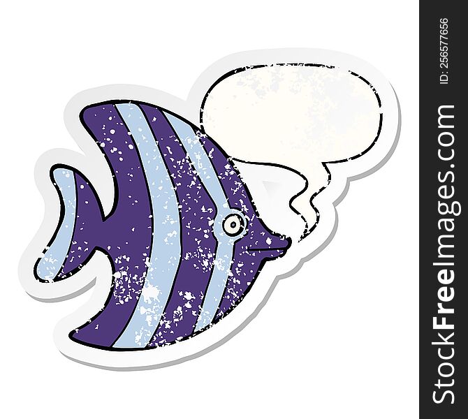 Cartoon Angel Fish And Speech Bubble Distressed Sticker