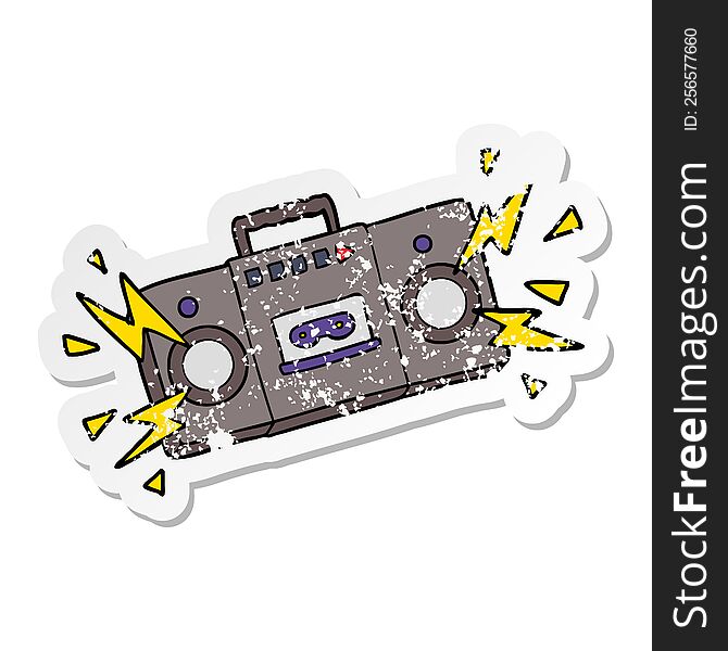 Distressed Sticker Of A Retro Cartoon Tape Cassette Player Blasting Out Old Rock Tunes