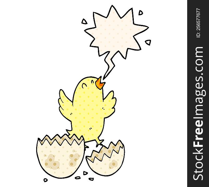 cartoon bird hatching from egg with speech bubble in comic book style