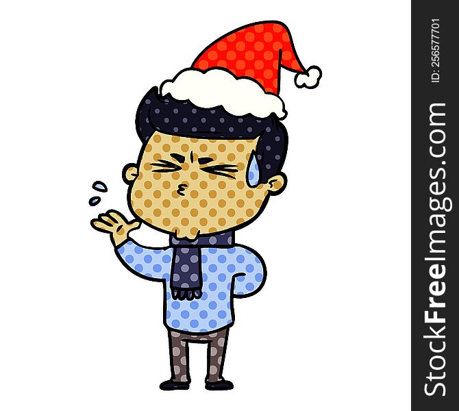 Comic Book Style Illustration Of A Man Sweating Wearing Santa Hat