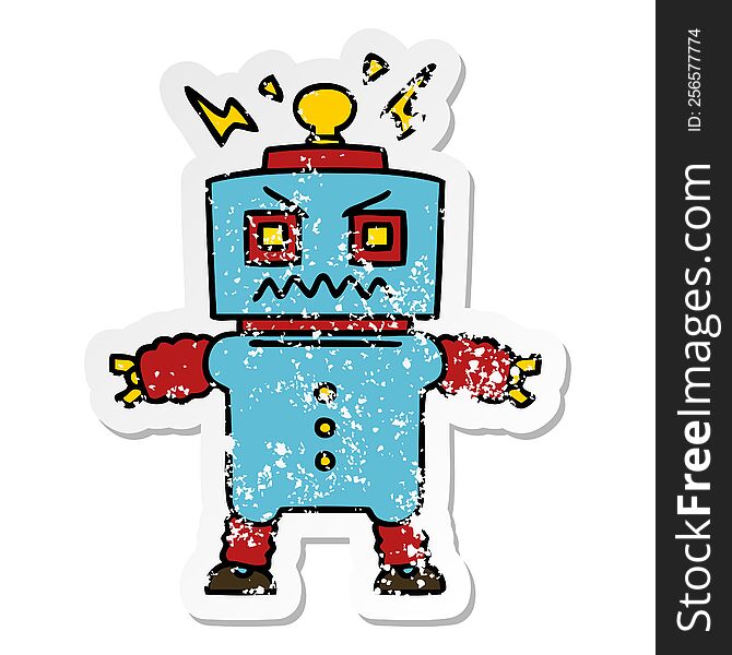 Distressed Sticker Of A Quirky Hand Drawn Cartoon Robot