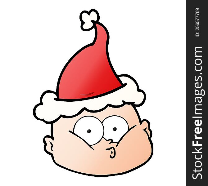 hand drawn gradient cartoon of a curious bald man wearing santa hat