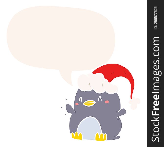Cartoon Penguin Wearing Christmas Hat And Speech Bubble In Retro Style