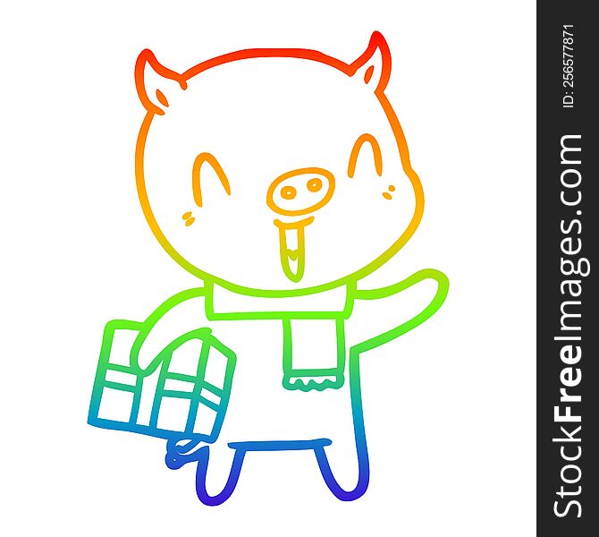 rainbow gradient line drawing of a happy cartoon pig with xmas present