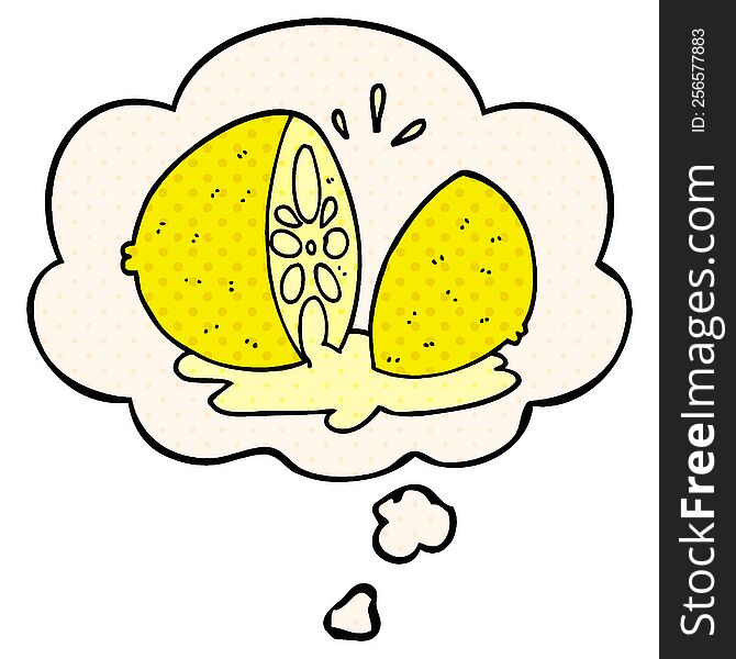 cartoon cut lemon with thought bubble in comic book style