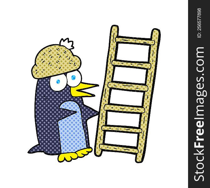 freehand drawn comic book style cartoon penguin with ladder