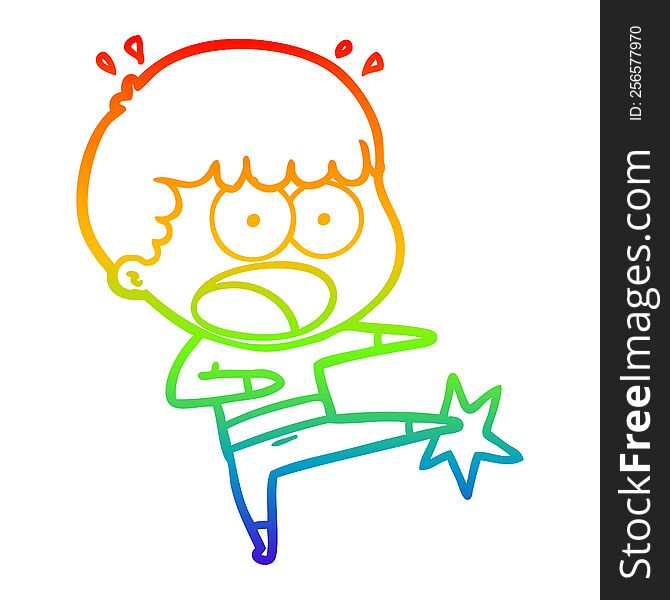 rainbow gradient line drawing of a cartoon boy karate kicking