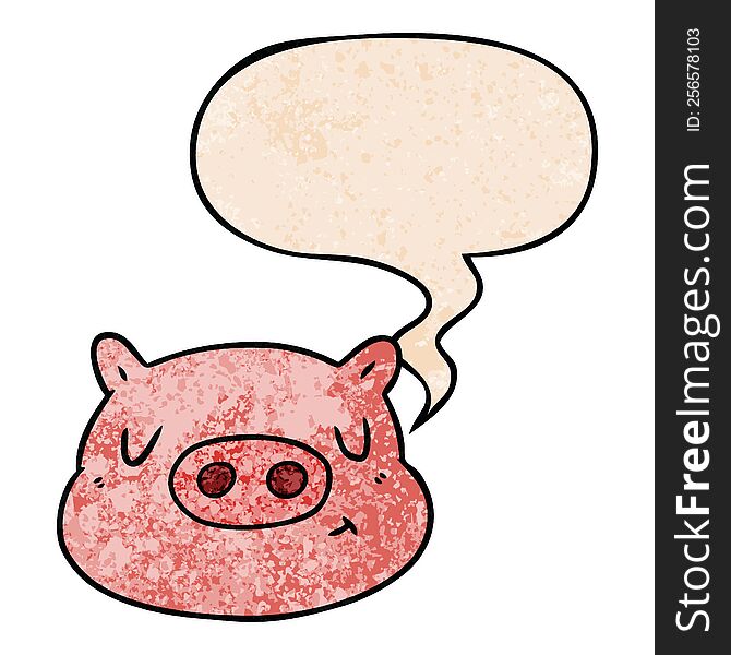 Cartoon Pig Face And Speech Bubble In Retro Texture Style