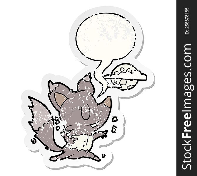 cartoon halloween werewolf changing in moonlight with speech bubble distressed distressed old sticker. cartoon halloween werewolf changing in moonlight with speech bubble distressed distressed old sticker