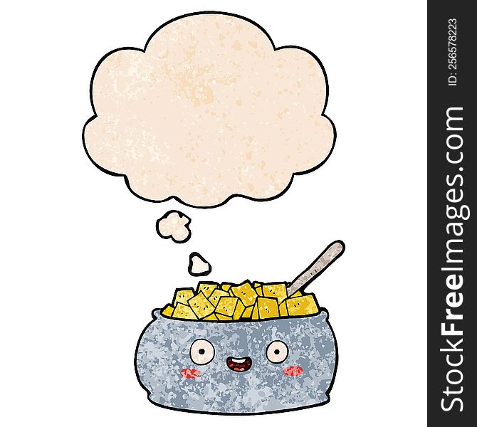 cute cartoon bowl of sugar with thought bubble in grunge texture style. cute cartoon bowl of sugar with thought bubble in grunge texture style