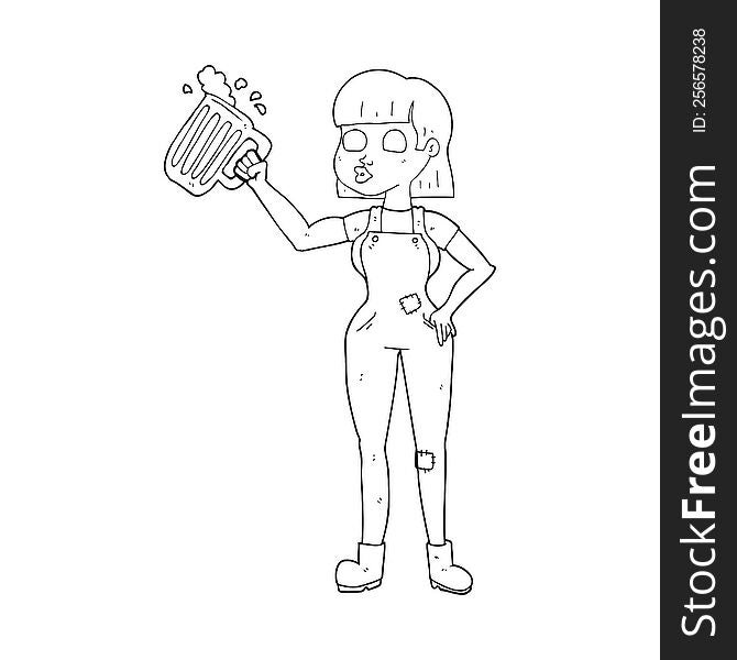 freehand drawn black and white cartoon woman with beer