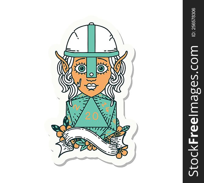 sticker of a elf fighter character with natural twenty dice roll. sticker of a elf fighter character with natural twenty dice roll