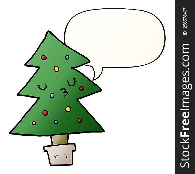 Cartoon Christmas Tree And Speech Bubble In Smooth Gradient Style