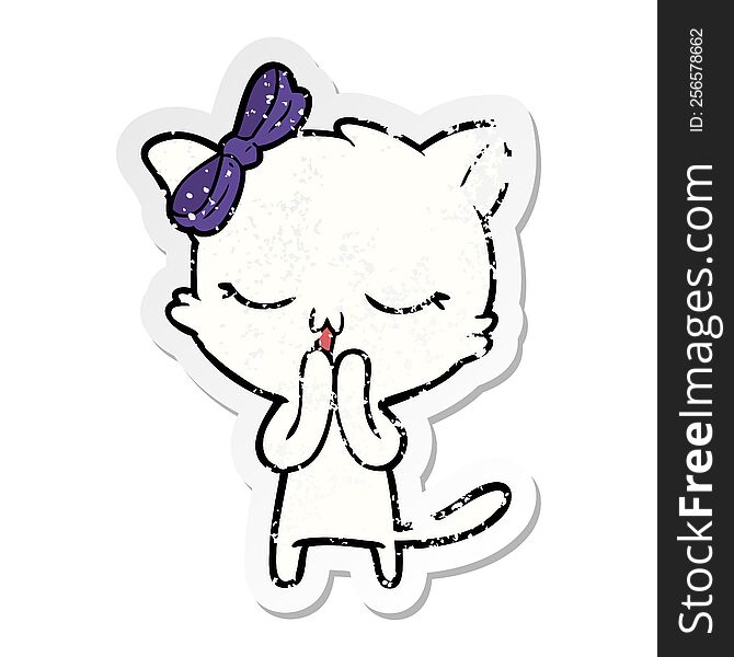 Distressed Sticker Of A Cartoon Cat With Bow On Head