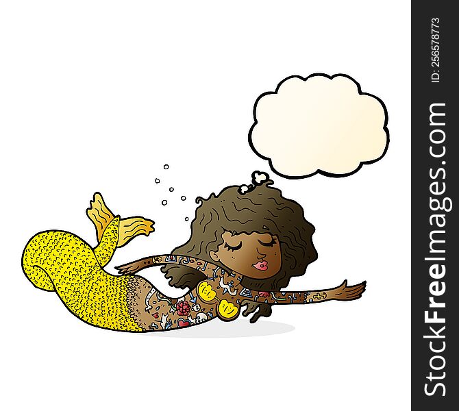 cartoon mermaid covered in tattoos with thought bubble