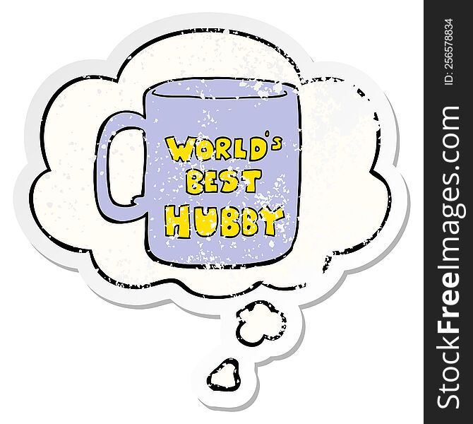 worlds best hubby mug with thought bubble as a distressed worn sticker