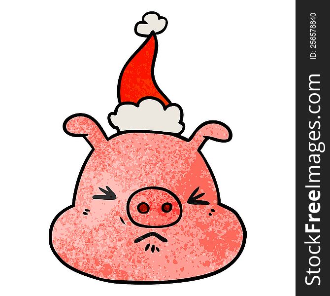 hand drawn textured cartoon of a angry pig face wearing santa hat