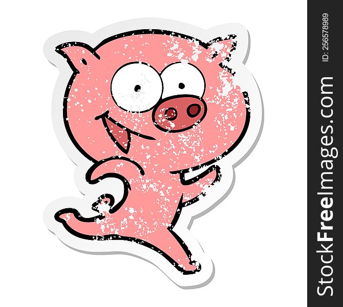 distressed sticker of a cheerful running pig cartoon