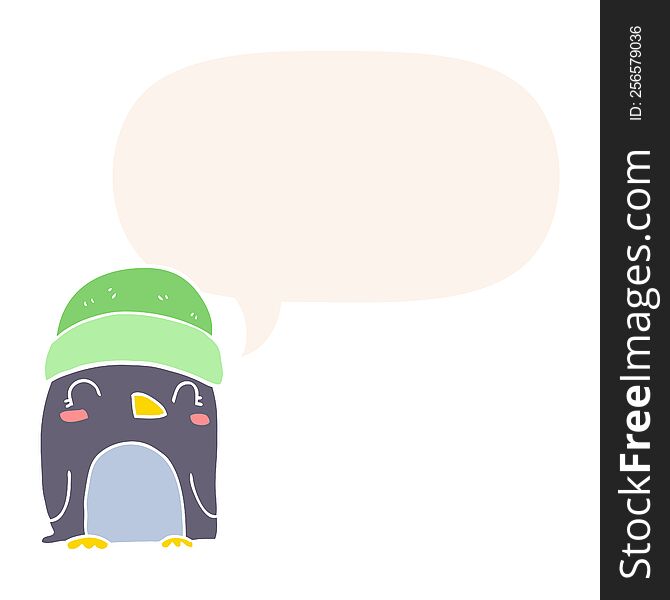 cute cartoon penguin with speech bubble in retro style