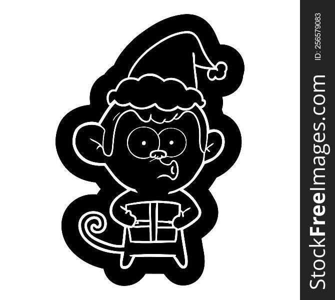 quirky cartoon icon of a christmas monkey wearing santa hat