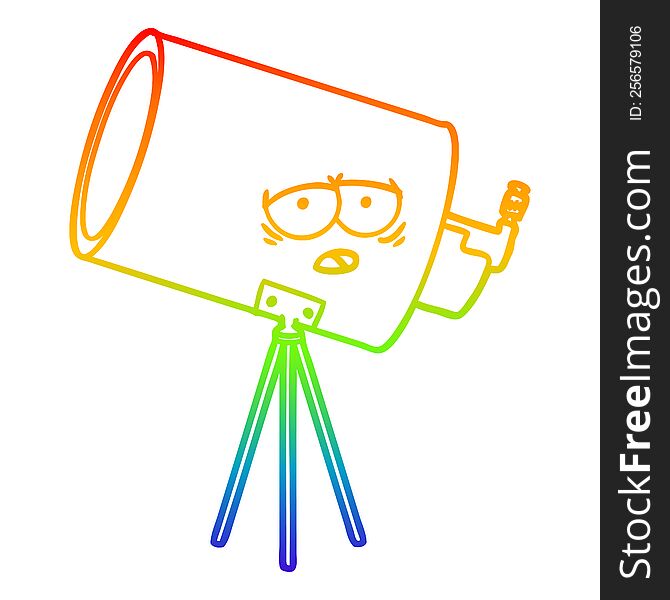 rainbow gradient line drawing of a cartoon bored telescope with face