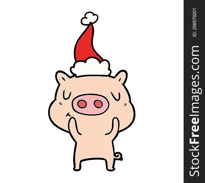 hand drawn line drawing of a content pig wearing santa hat