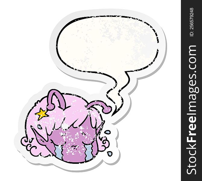 Cartoon Alien Space Girl Face Crying And Speech Bubble Distressed Sticker