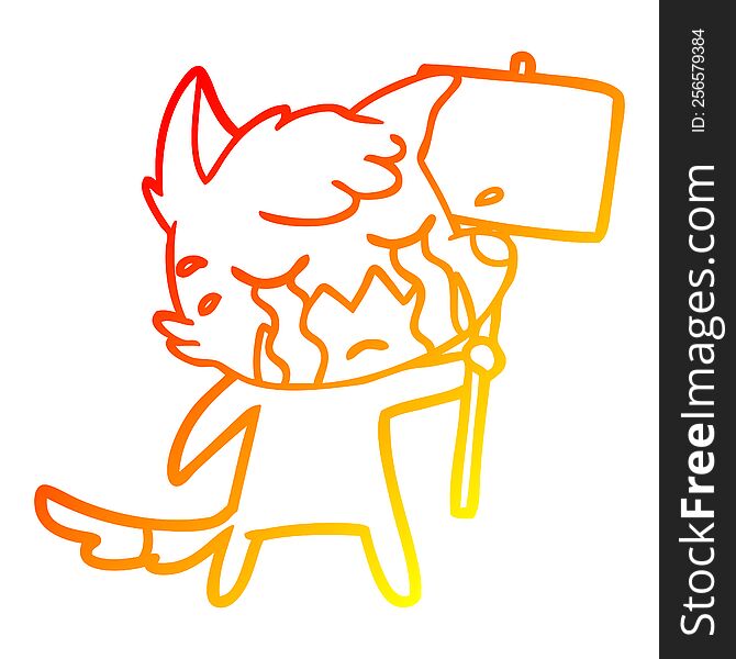 warm gradient line drawing of a crying fox cartoon with placard