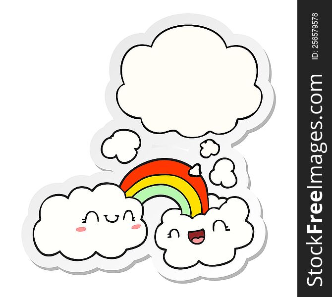 happy cartoon clouds and rainbow with thought bubble as a printed sticker